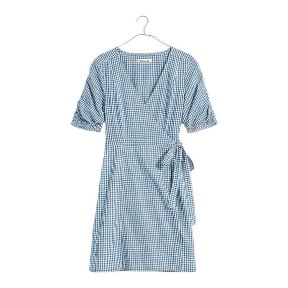 Madewell Gingham Shirred -Sleeve Wrap Dress in Blue & White - Picture 3 of 9